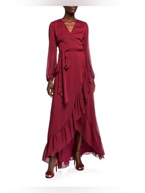 WAYF Burgundy Meryl Long Sleeve Wrap High-Low Cocktail Dress